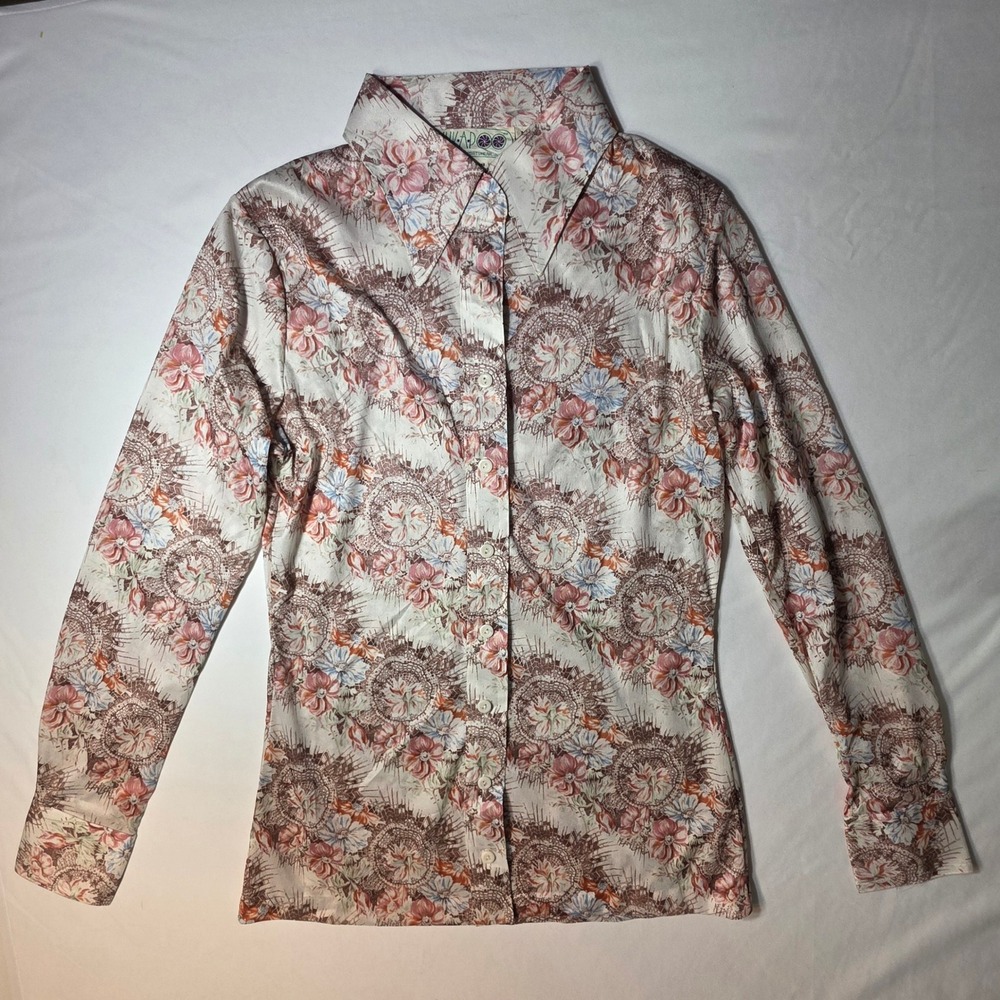 Huka-Poo 70s Floral Disco Collar Button Down Shirt Womens Medium Vintage
